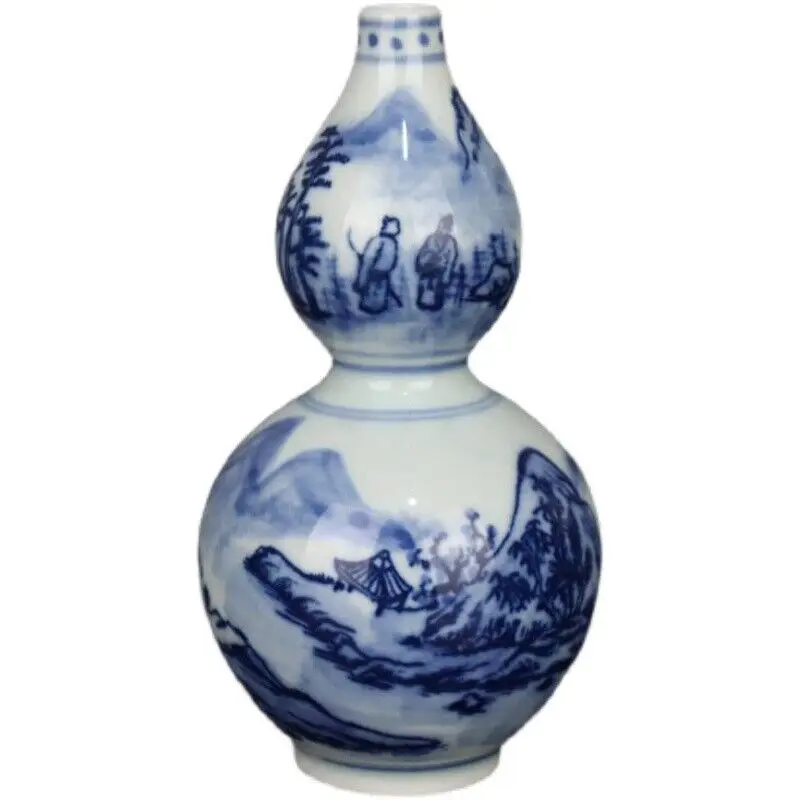 

Китайская сине-белая фарфоровая ваза в форме тыквы с узором пейзажа 4,65 дюйма