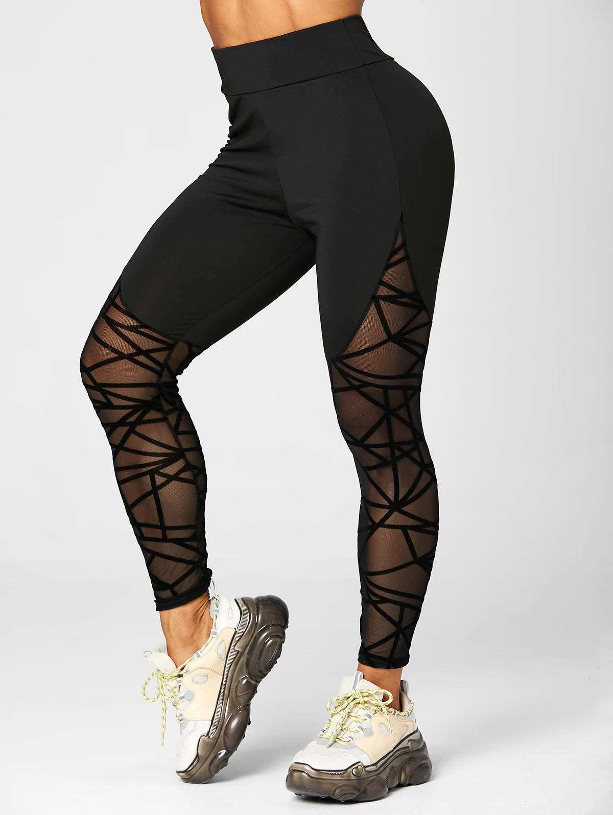 

Sheer Mesh Panel Geometric Print Elastic Waist Solid Color Long Casual Leggings