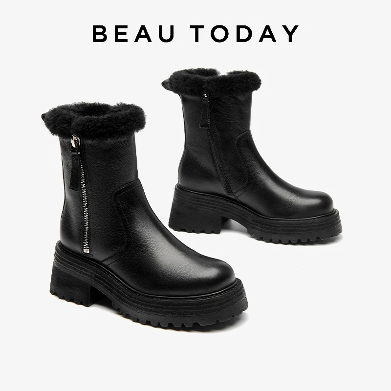 

BEAUTODAY Ankle Boots Women Genuine Cow Leather Furry Solid Color Height Increasing Warm Winter Ladies Shoes Handmade 03A59