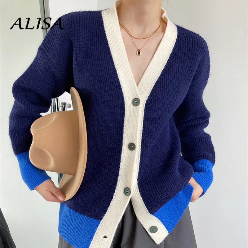 

2021 New Spring Autumn Sweater Women Knitted Cardigan V-neck Button Up Patchwork Color Lazy Jumper