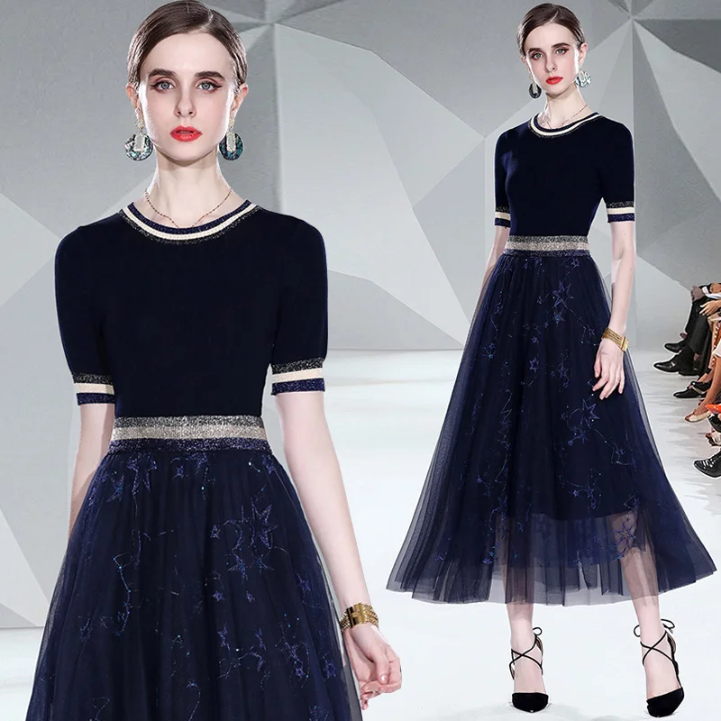 

Women Elegant Party Dress Sets Female Color Matching Knitting Short SleeveTops+ Fashion Embroidery Mesh Skirt Two Piece Set