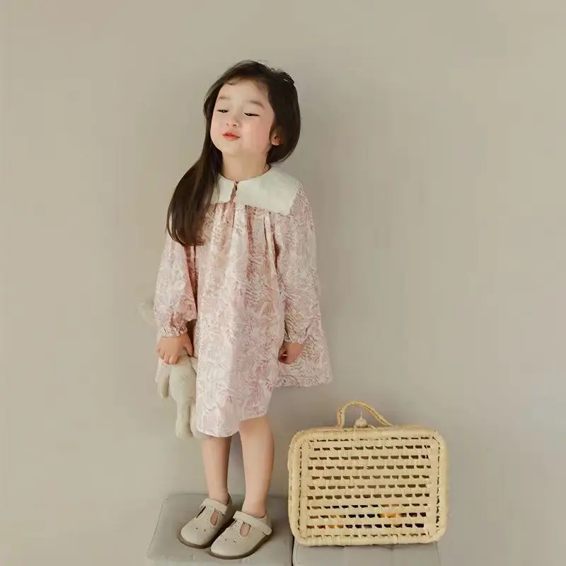 

Модное хлопковое платье принцессы с цветочным принтом для девочек, детское платье-поло с воротником, кружевное декорированное цветочным принтом, популярная Осенняя юбка для девочек, новинка