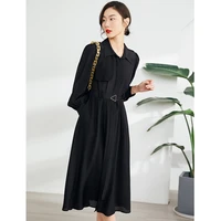 dress women 100 silk turn down collar long sleeve sashes single breasted solid a line elegant dresses ladies new fashion