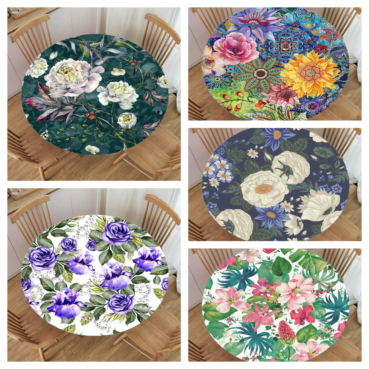 

Floral Print Round Tablecloth Fitted Waterproof Wedding Party Table Cover Dinning Kitchen Decorative Camping Picnic Table Cloth