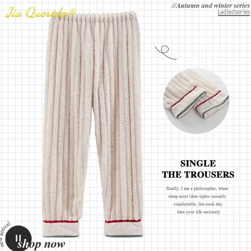 

Winter Casual Teddy Sleep Bottoms for Woman Soft Flannel Home Pants for Lady Fashion Girls Cute Sleepwear Elastic Plaid Bottom