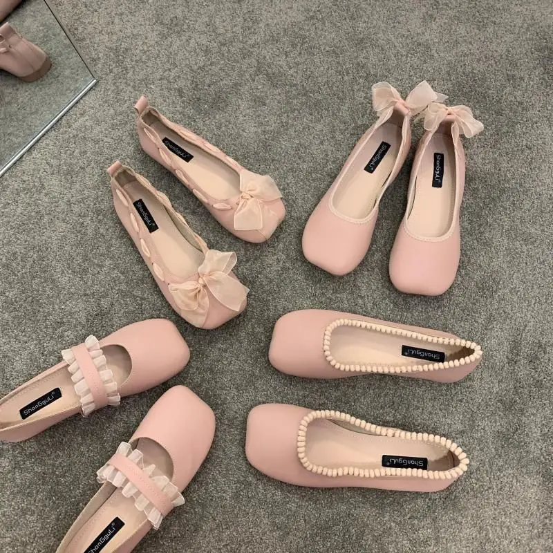 

Women's Summer Footwear Square Toe with Straps Shoes for Woman 2023 Cute Pink Low Heel Elegant Bow Kawaii Spring 39 E Shoe Trend
