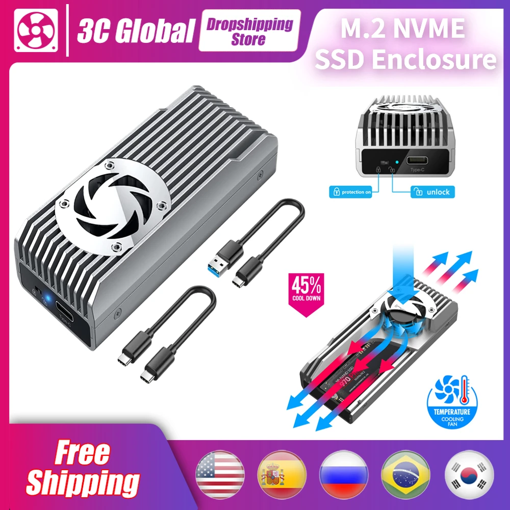 

10Gbps M.2 NVME SSD Enclosure Built-in Cooling Fan M.2 NVME Enclosure Write Protection Support M.2 SSD For PC Cooler Accessories
