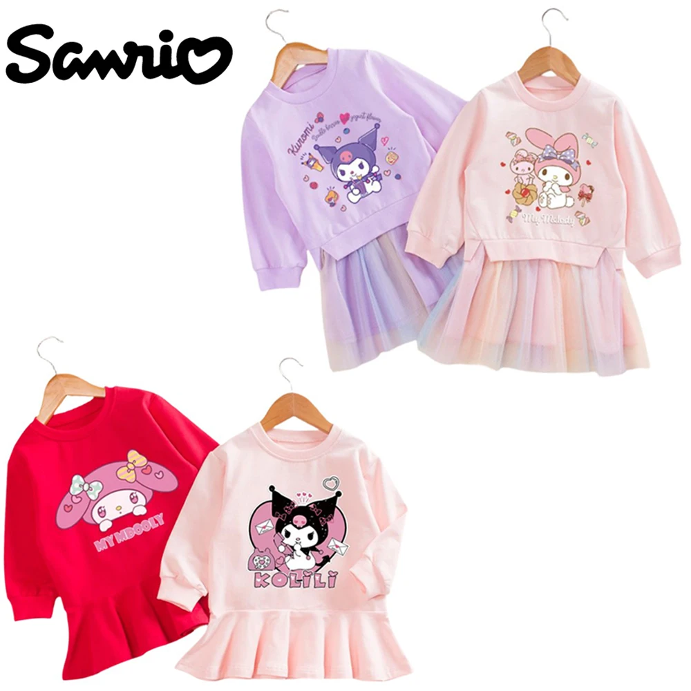 

Sanrios Kuromi My Melody Girls Spring Autumn Dress Children All Cotton Long Sleeved Round Neck Mesh Splicing Princess Skirt Gift