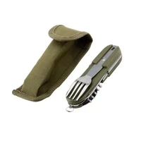 stainless steel travel kit portable army green folding camping picnic cutlery knife fork spoon bottle opener flatware tableware