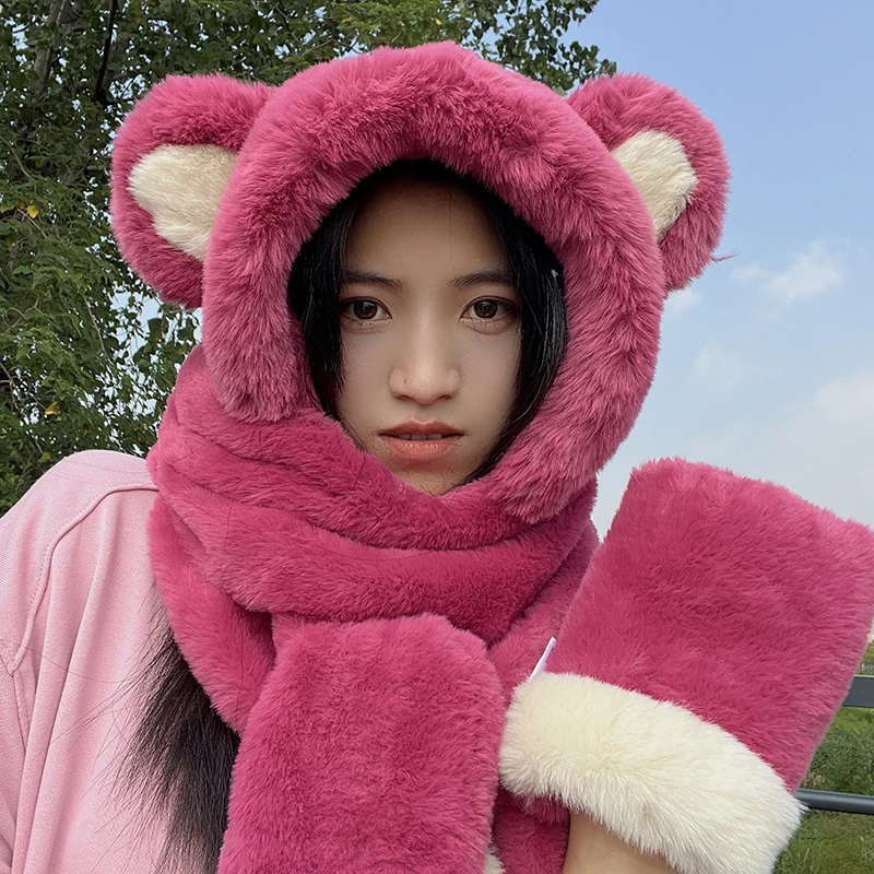 

Шарф 3-в-1 с милым розовым медведем, зимняя модная теплая утепленная плюшевая шапка с ушами, уличные перчатки для верховой езды, подарок для д...