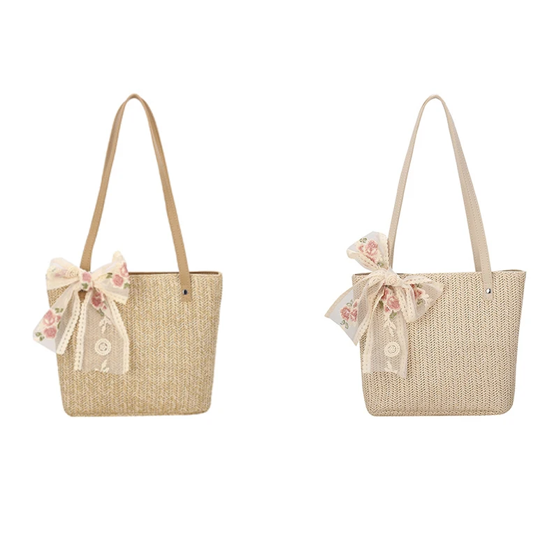 

ASDS-Ladies Summer Straw Bag Lace Bowknot Rattan Bag Large Capacity Leisure Tote Bag Beach Travel Tote Bag