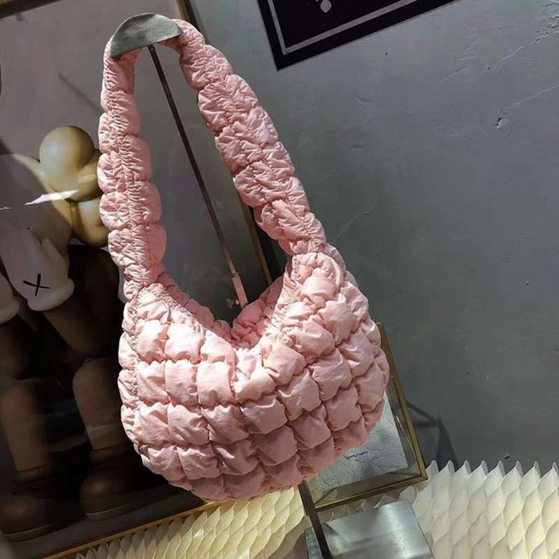 

24cm Small Candy Colored Plaid Quilted Down Bag Women 2022 Trend Hot Pink Soft Cloudy Shoulder Handbag Female Lady Blue Purse
