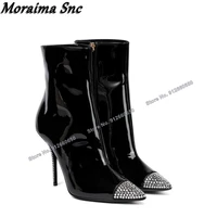 moraima snc solid patent leather crystal toe boots for women ankle boots pointed toe stilettos high heels runway shoes on heels