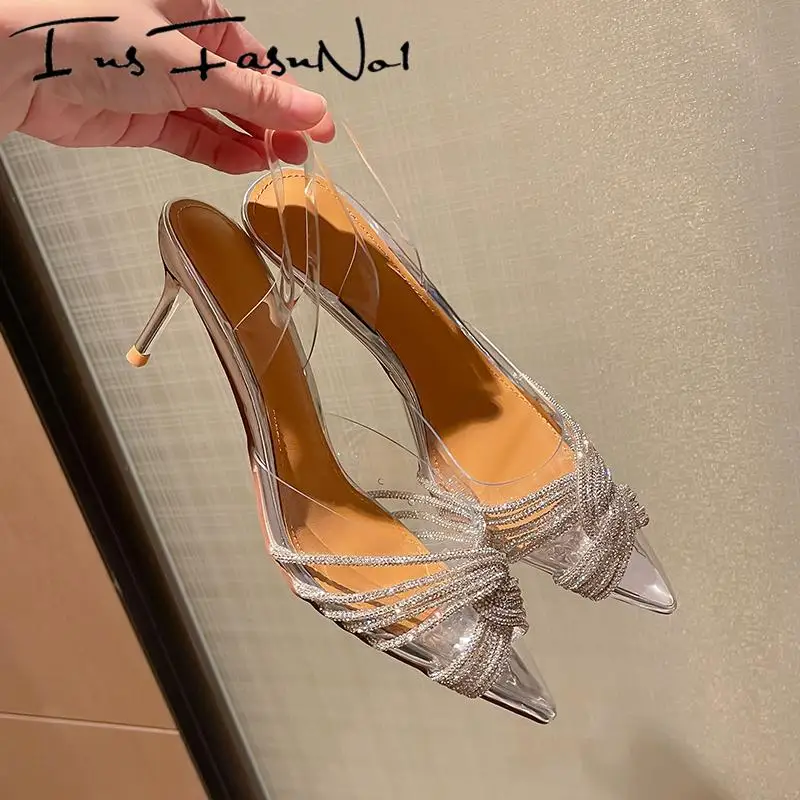 

Сандалии женские на высоком каблуке, пикантные туфли-лодочки со стразами, Модные прозрачные блестящие босоножки с острым носком, прозрачные, лето