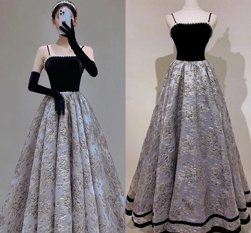 

Элегантное черное платье для выпускного вечера с цветочным принтом 2023 на бретельках с жемчугом в стиле Хепберн официальное вечернее платье для вечеринки платья бальное платье для вечеринки