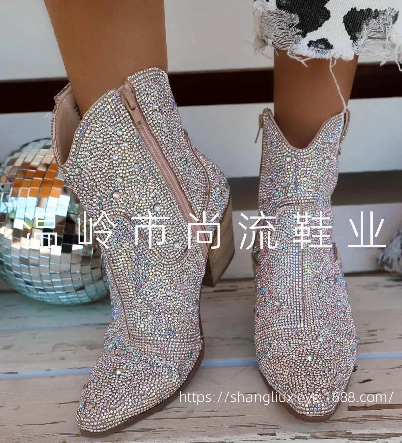 

Pointed Toe Short Boots Women Champagne Silver Wide Calf Embroidered Sequin Hot Diamond Block Heel Pull-On Cowgirl Booties Shoes