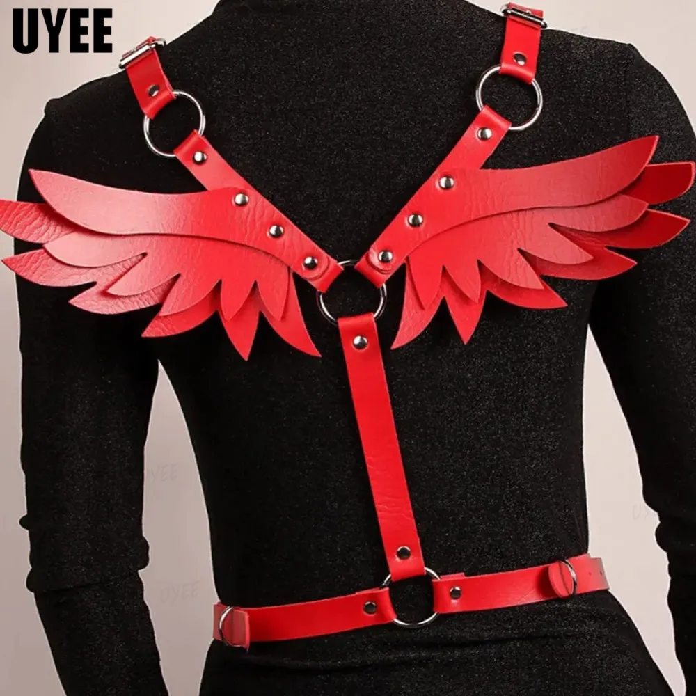 UYEE Punk Angel Wings Woman Red  PU Leather Harness Belt Gothic Fairy Wings Adults Cosplay Festival Kawaii Accessories Halloween