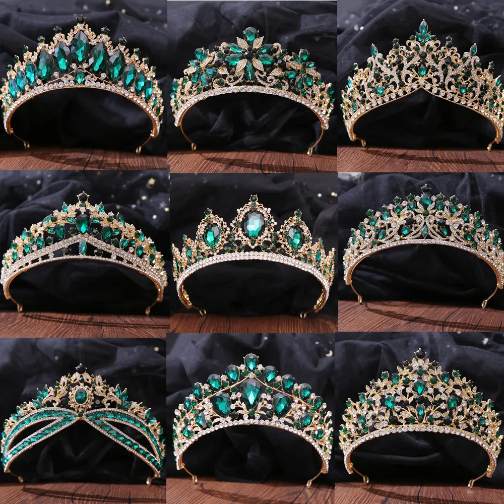 

DIEZI Baroque Elegant Green Crystal Crown Bride Tiara Women Wedding Princess Queen Rhinestone Headpiece Hair Jewelry Accessories
