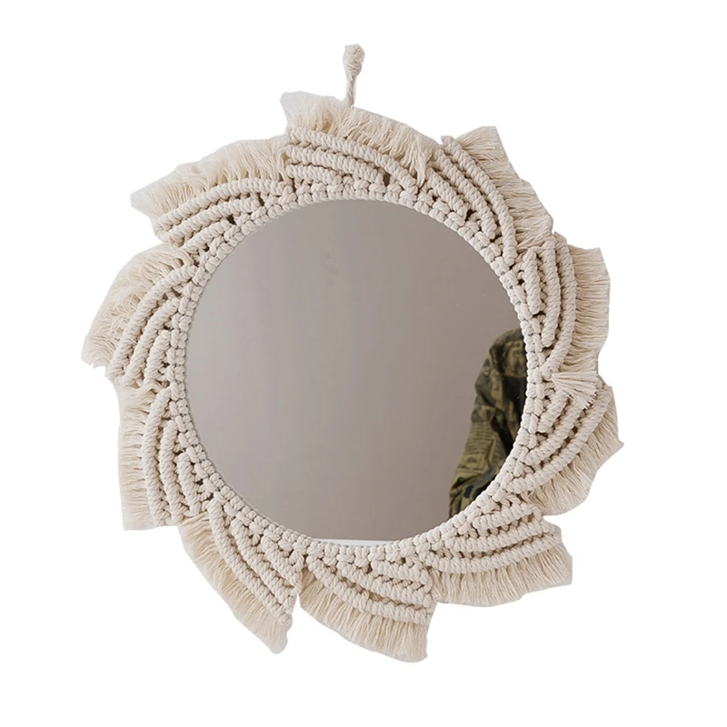 

Boho Macrame Hanging Wall Mirror with Fringe Woven Cotton Rope Tapestry Decor