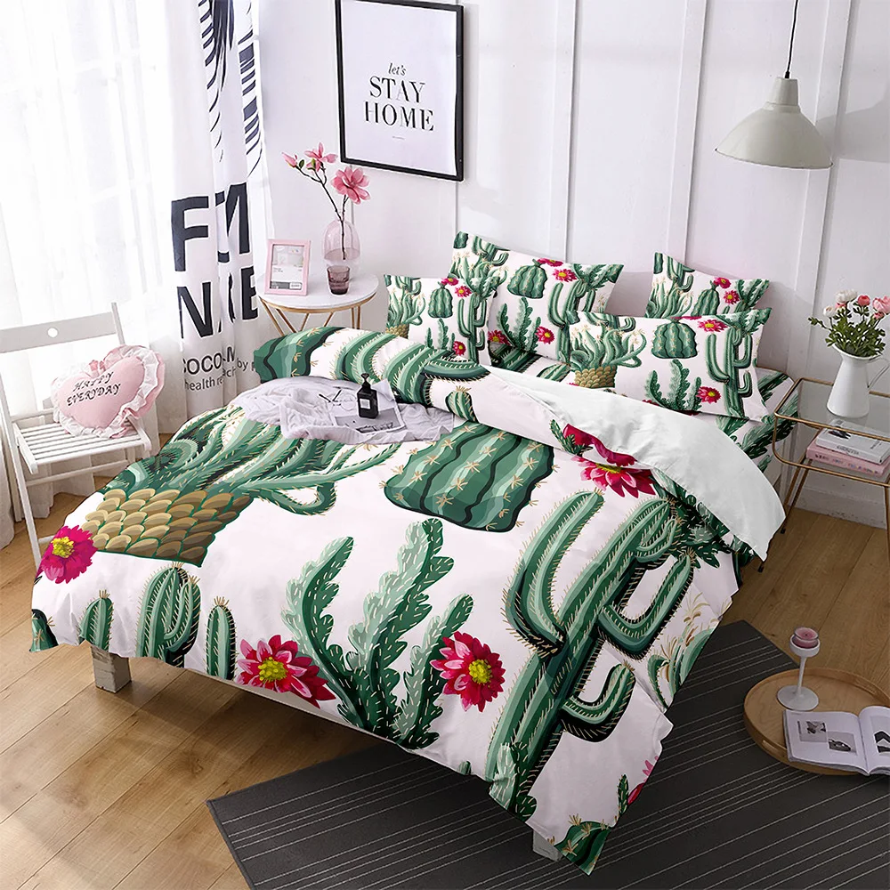 

Cactus Duvet Cover Set King Queen Size Tropical Garden Print Green Plant for Girls Boys Teen Polyester Bedding Set Botanical