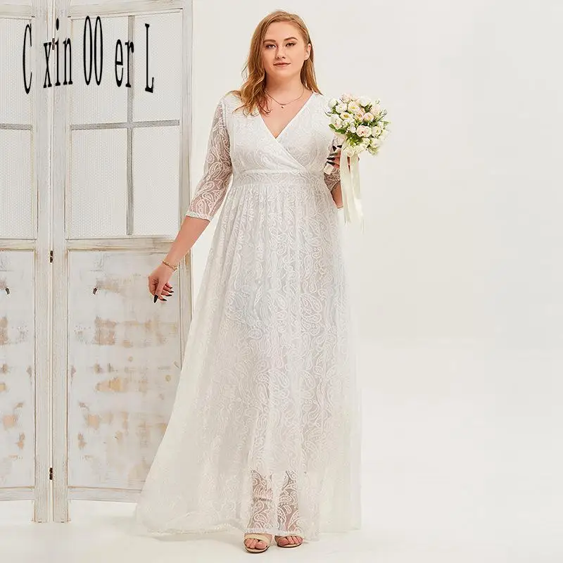 

Plus Size Xl-4xl New Fashion Women Spring New Dress Long Sleeve Light Wedding Lace European American White Dress Clothes Sexy