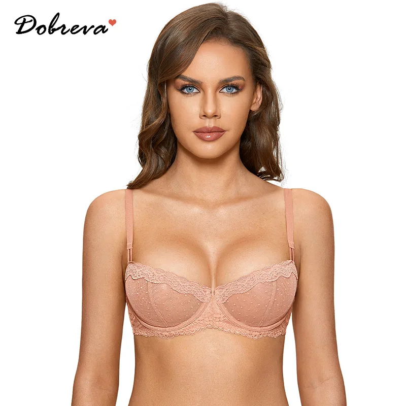 DOBREVA Women's Sexy Lace Bra Underwire Balconette Unlined Demi Sheer Mesh Plus Size Bralette