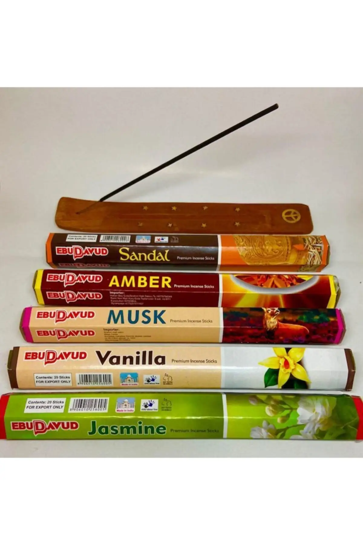 Incense 5li Set 100 Pcs-jasmine, vanilla, musk,amber, sandalwood) and Lux Wood Incense Boat Gift