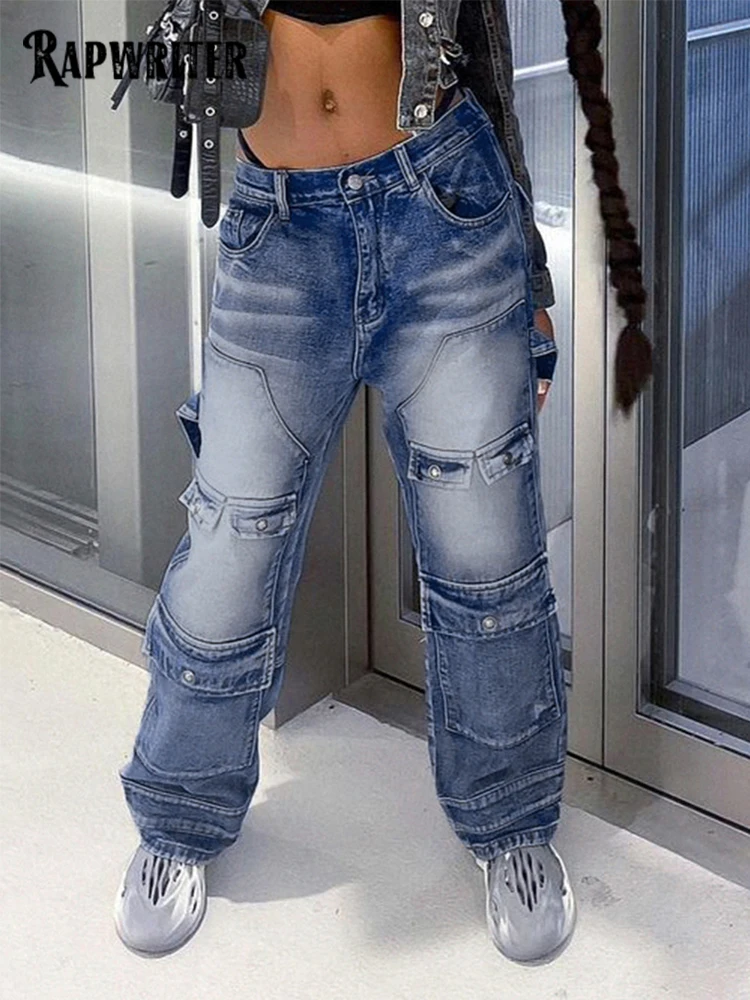 

Джинсы-карго Rapwriter y2k с карманами, модные брюки из денима в стиле хип-хоп, прямые штаны с заниженной талией в стиле Харадзюку, уличная одежда