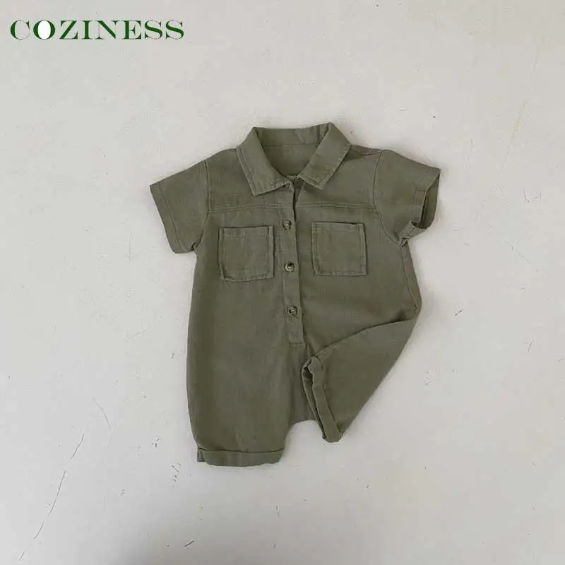 

Summer Cotton Linen Baby Romper Lightweight Breathable Tooling Style Newborn Short Sleeve Romper Baby Universal Outdoor Clothing