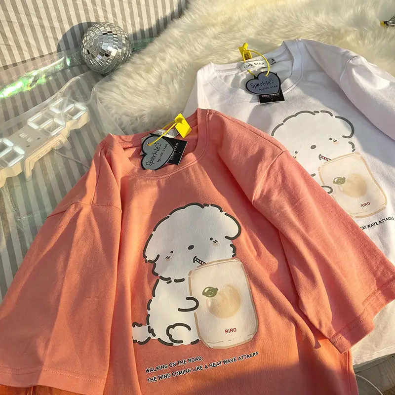 

2022 Summer Japan Kawaii Cartoon Cat Cute T Shirts Pure Cotton O-neck Harajuku T Shirts Korean Fashion Large 2XL Teens Clothes