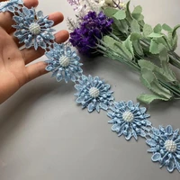 1 yard blue pearl beaded embroidered flower lace ribbon trim floral applique patches fabric sewing craft vintage wedding dress