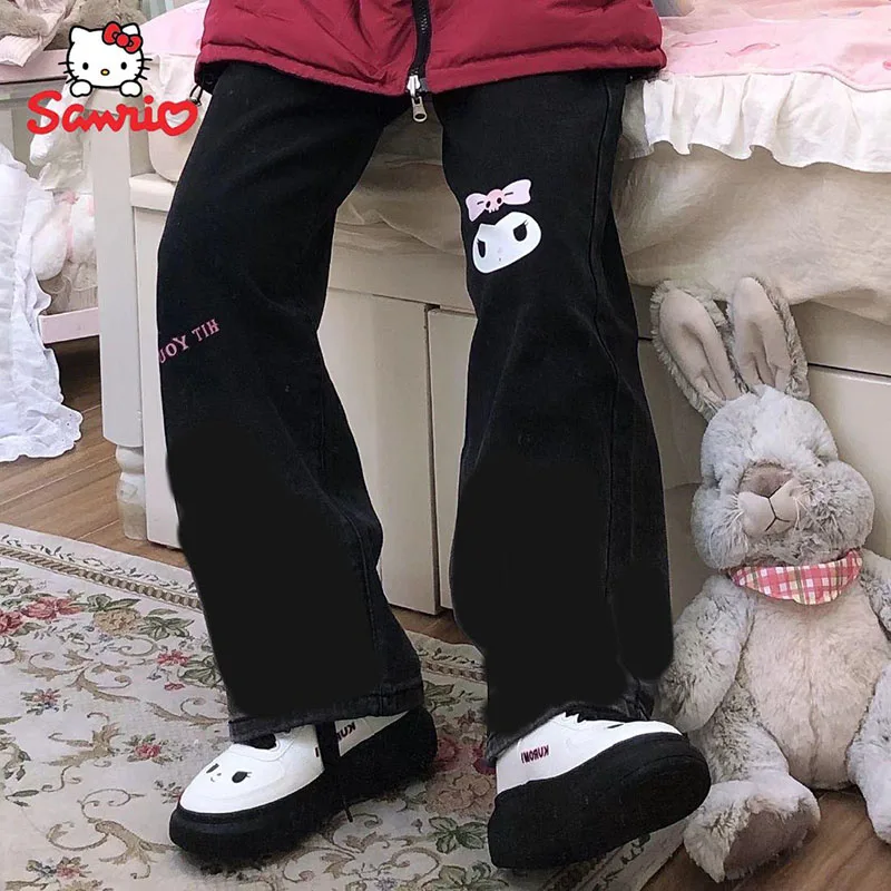 

Брюки Sanrio Kuromi Y2K с принтом, повседневные Широкие штаны, милые свободные Универсальные джинсовые брюки в японском стиле аниме Харадзюку, пода...