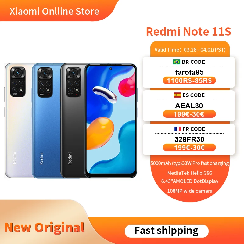 

Original Global Xiaomi Redmi Note 11S Mobile Phone 64GB/128GB Helio G96 Octa Core 5000mAh Battery 33W Pro Charging 108MP Camera