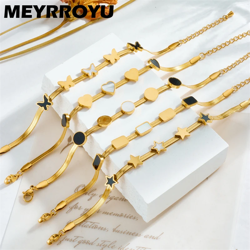 

MEYRROYU 316 Stainless Steel Golden Bracelet Rectangle Star Heart Pendant For Women New Arrival Jewelry Gift Bijoux Accessories