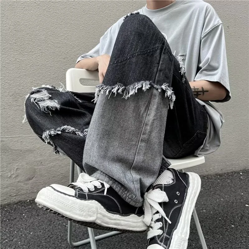 Black Baggy Jeans Men Fashion Casual Ripped Straight Jeans Men Japanese Streetwear Hip Hop Loose Hole Denim Pants Mens Trousers
