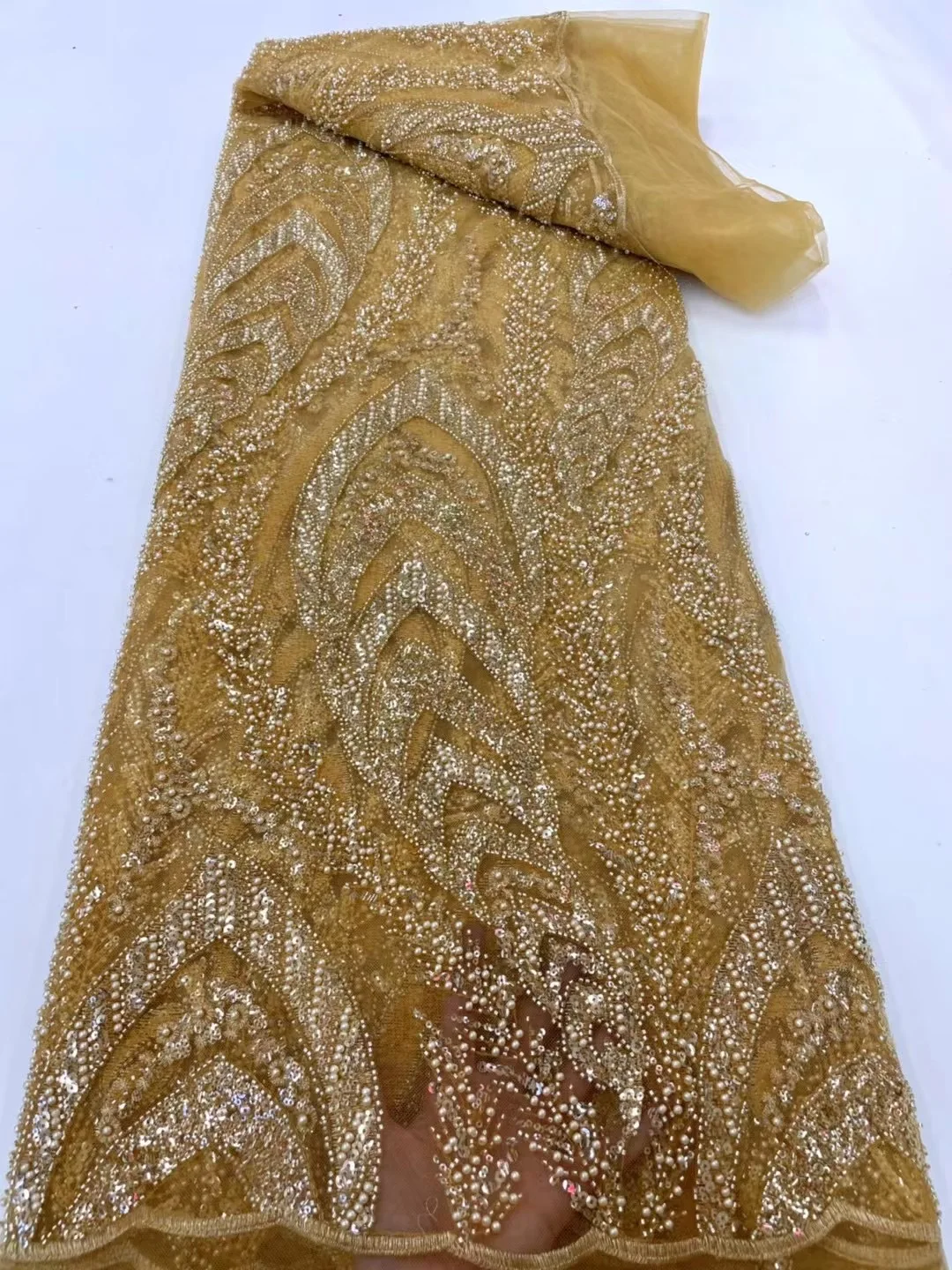

Luxury Gold French Net Lace Fabric 2022 High Quality Beads Lace African Lace Fabric For Wedding Nigerian Tulle Lace Material Sew