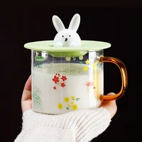 novelty 3d lid cartoon rabbit cute water glass transparent mug drinking borosilicate glasses coffee milk juice drinkware cup