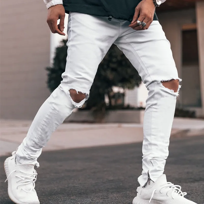 

2022 spring and autumn new men's sports denim trousers fashion men's white slim casual jeans men streetwear men