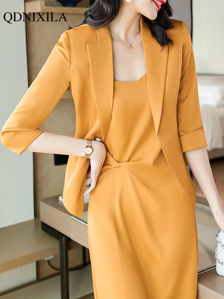 

2023 New Spring Summer Acetate Satin Women's Blazer Dress Set Elegant Korean Fashion Formal Suit Coat and Slip Dress 2-piece Set