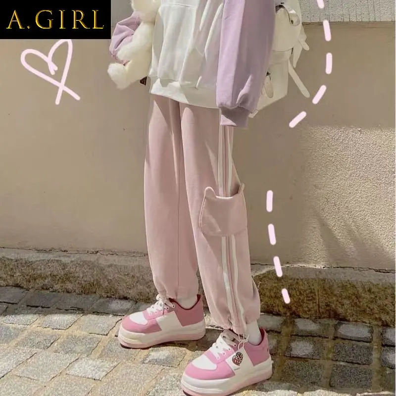 

A GIRLS Pants Women Lovely Pockets Design Ulzzang Side-stripe Workout Daily Drawstring Ladies Trousers Popular Sweet Fashion Tee