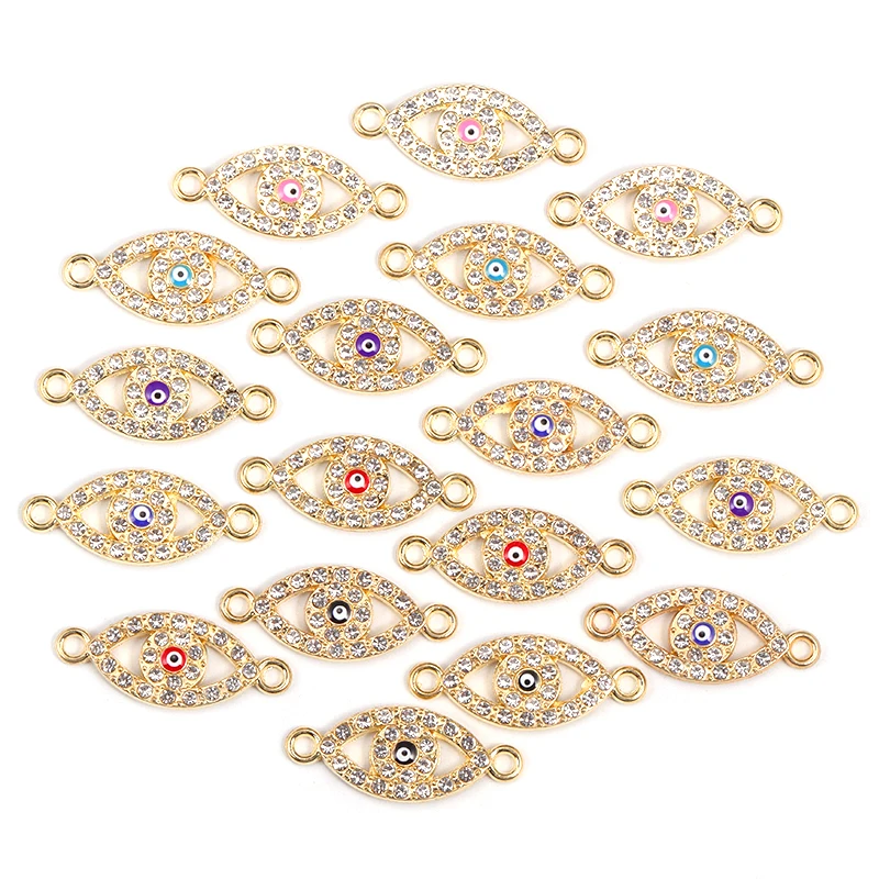 15Pcs 11*26MM Delicate Alloy Enamel Evil Eye Inaid Rhinestone Charms Connectors For Jewelry Earrings Necklace DIY Making Crafts