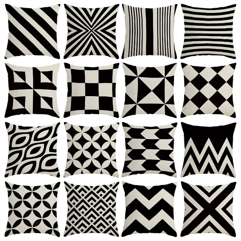 

Waterproof Black White Pillow Cover Home Geometric Sofa Pillow Polyester Linen Printed Cushion cojines decorativos para sofá