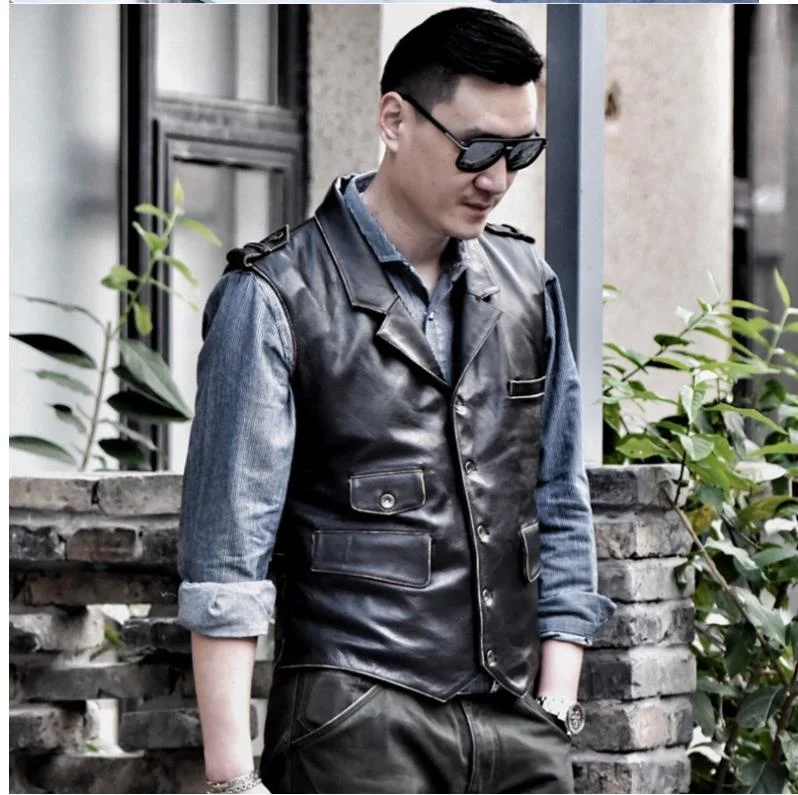 

Men Suit Casual Vest Genuine Cowhide Slim Fit Leather Waistcoat Size M