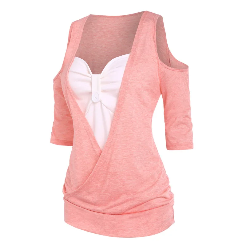 

Женские топы с рукавами три четверти и цветными блоками, с открытыми плечами, на пуговицах, Мягкая Повседневная футболка на лето и весну