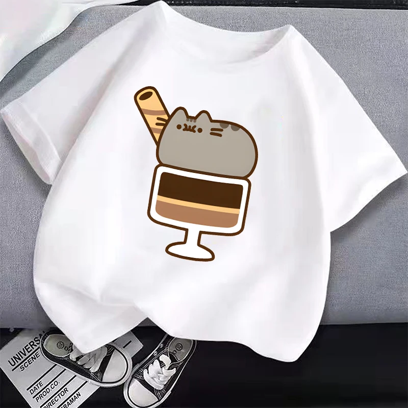 Белая детская футболка Pusheens с изображением милого кота повседневная одежда в