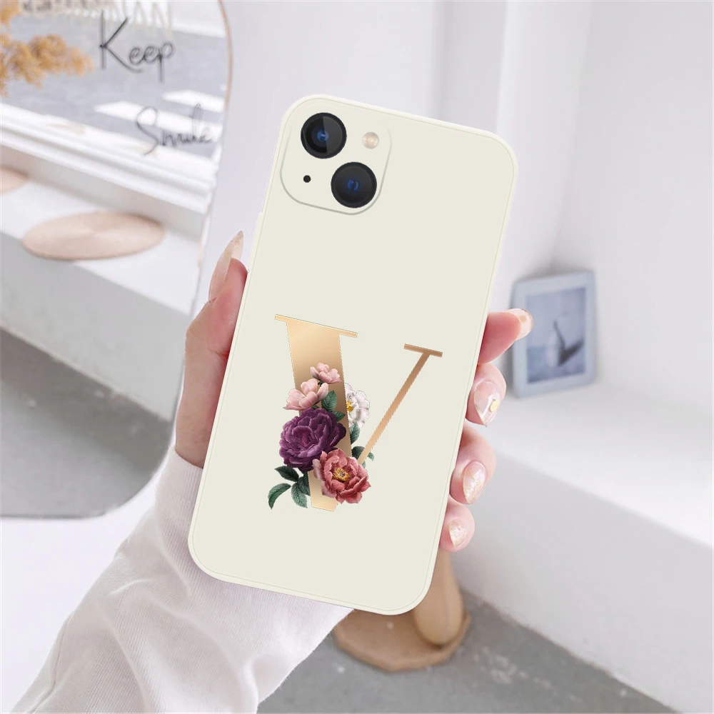 Фото Модный силиконовый чехол для телефона с инициальными буквами для iPhone 12 13 ProMax 12 13 Мини Ретро Золотой цветок античный белый чехол-накладка №2