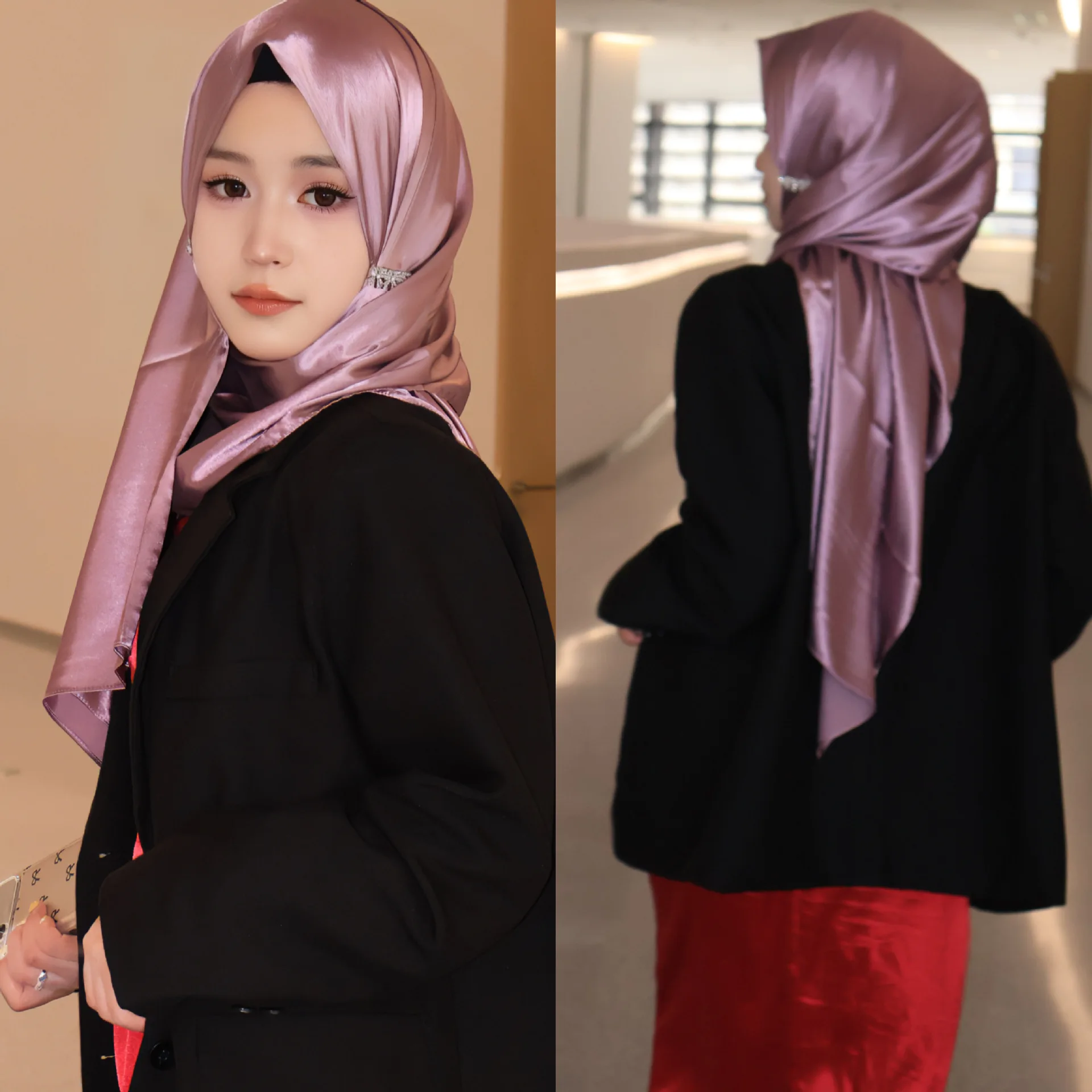 Сплошной цвет женский хиджаб мусульманский атласный длинный шарф Ближний Восток