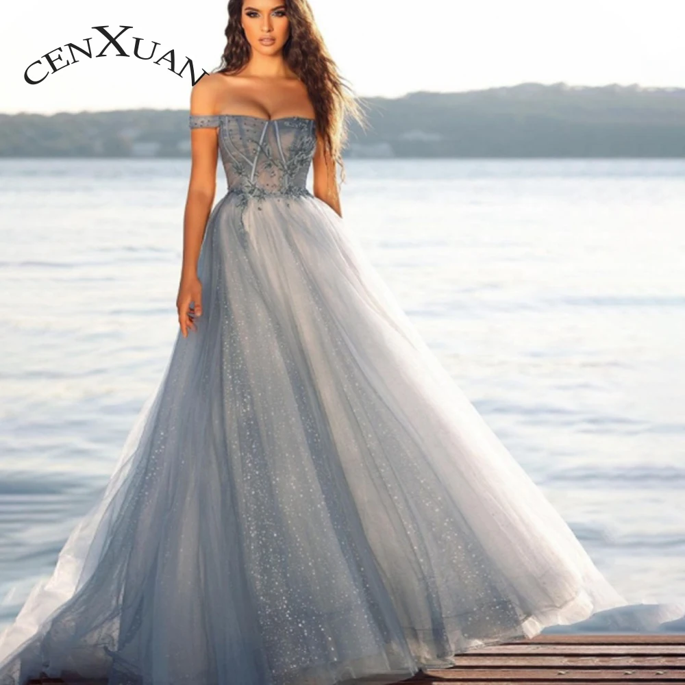 

CENXUAN Generous Evening Gowns Illusion Sequins Boat Neck Backless Off the Shoulder Tulle A-line 2023 Robe De Bal Custome Made