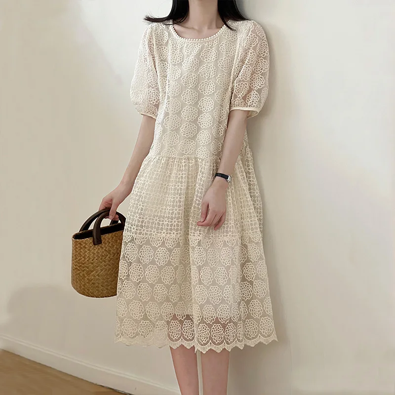 

2022 Summer Women's Dresses Mid Length Bridesmaid Lace Embroidery Ladies Sweet Birthday Loose White Party Prom Clothing H3213