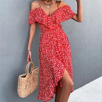 chic floral print sling dress women summer dresses 2022 new elegant sexy strapless spaghetti irregular ruffle hem slit dress